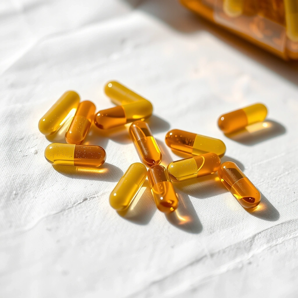 Makroaufnahme von goldenen Kapseln auf Leinen